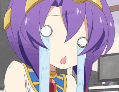 a cartoon girl with purple hair is crying with tears coming out of her eyes