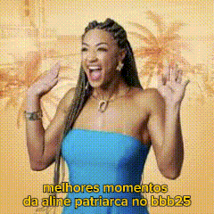 a woman in a blue dress says melhores momentos da aline patriarca no bbb25 .
