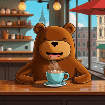 a cartoon bear sits at a counter with a cup of coffee