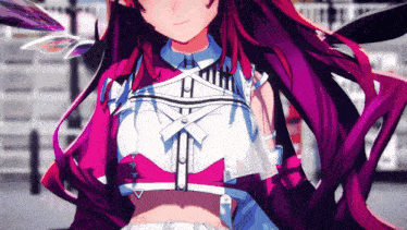 a girl with long red hair is wearing a white and pink outfit