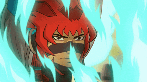 a close up of a cartoon character with red hair