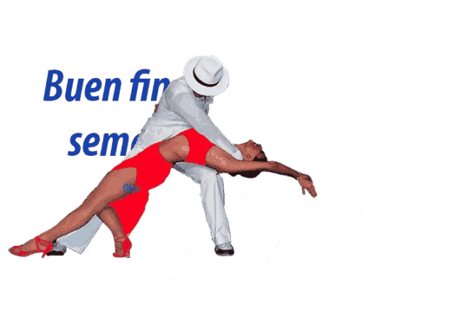 a picture of a man and woman dancing with the words buen fin de semana behind them