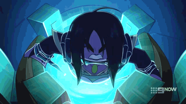 a cartoon character is surrounded by blue cubes and says now