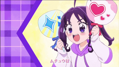 a girl with purple hair is holding a fan with a heart in it