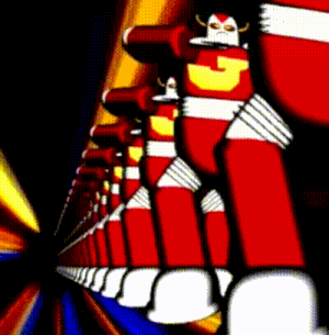 a row of red robots with the letter g on their shirts