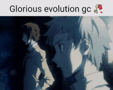 a picture of two anime characters with the words glorious evolution gc below them