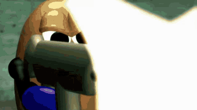a close up of a cartoon character with a blue object in his mouth