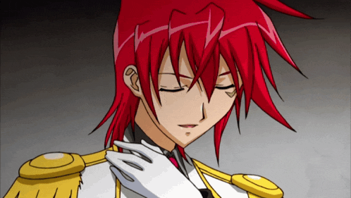 a cartoon character with red hair is wearing a white and gold outfit