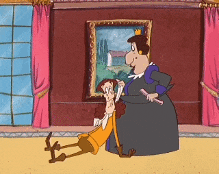 a cartoon of a woman standing next to a man in front of a framed picture