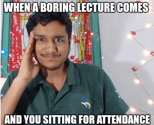 a man in a green shirt with the words when a boring lecture comes and you sitting for attendance below him