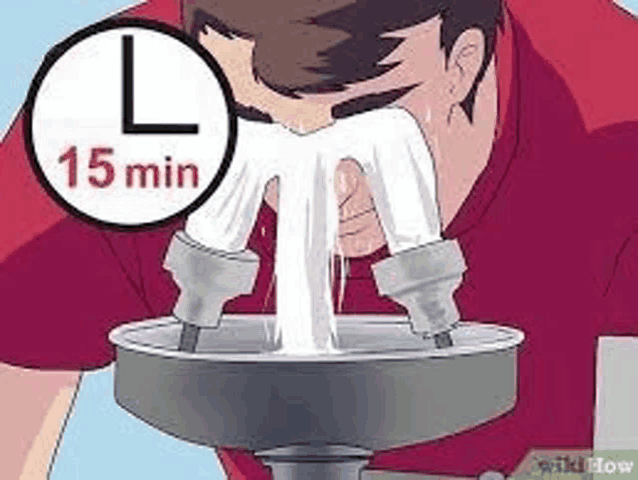 a man is washing his face in a public fountain with a clock in the background .