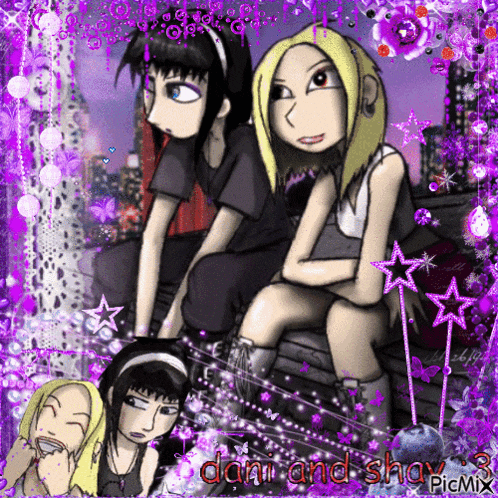 a cartoon of three girls sitting on a bench with dani and shady written in the corner