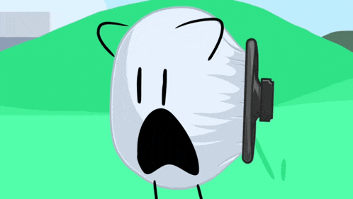 a cartoon character with a face and a steering wheel is standing in a grassy field .