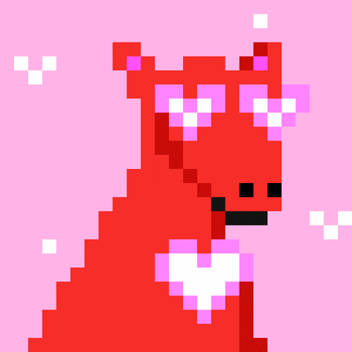 a pixel art drawing of a red squirrel with pink hearts on its head
