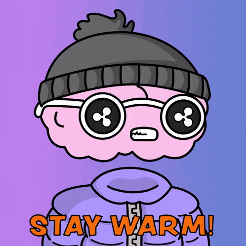 a cartoon of a brain wearing a beanie and glasses with the words stay warm below it