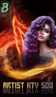 a painting of a woman with purple hair and the words artist xtx 908