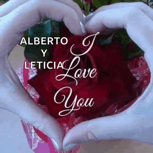 a person making a heart shape with their hands in front of a red rose with the words " alberto y leticia love you "