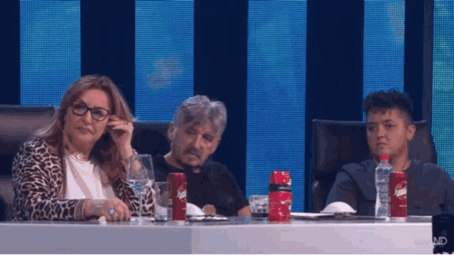 a group of people sitting at a table with a can of schweppes in front of them