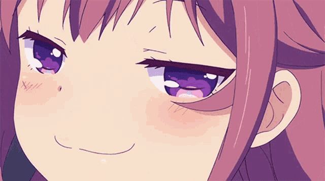 a close up of a anime girl with purple eyes