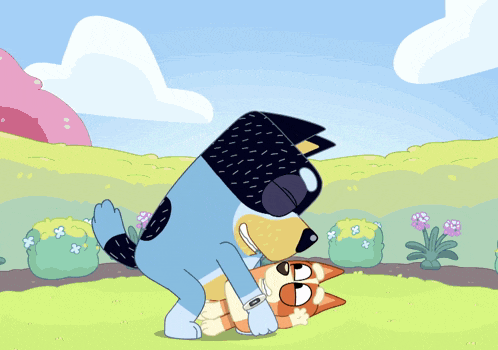 a cartoon dog is holding a stuffed animal in its paws