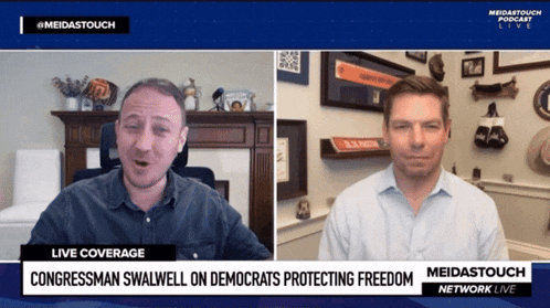a live coverage of congressman swalwell on democrats protecting freedom is shown