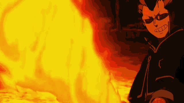 a man with horns is standing in front of a large fire