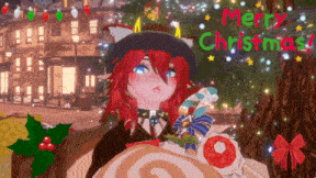 a girl with red hair is holding a candy cane in front of a christmas tree with the words merry christmas written on it