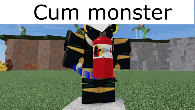 a cartoon character holding a red fire extinguisher with the words cum monster written above him
