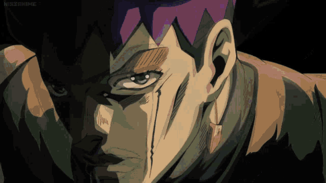 a close up of a man 's face with a purple hair and a black background