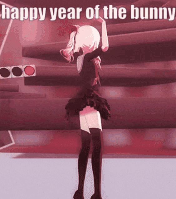 a picture of a girl dancing with the words happy year of the bunny above her