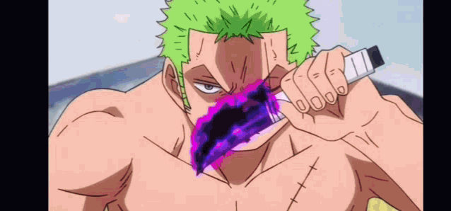 a man with green hair is holding a purple sword in his hand .
