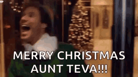 a man in an elf costume is laughing and saying merry christmas aunt teva !