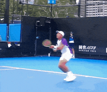 a man in a purple shirt is playing tennis on a blue court