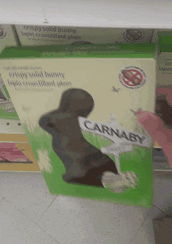 a box of carnaby crispy solid bunny on a shelf