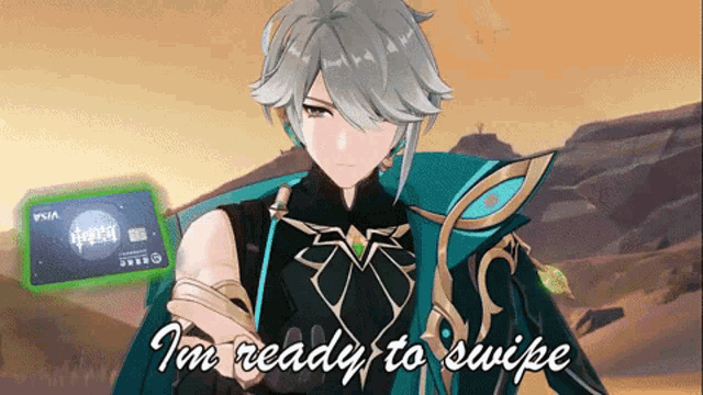 a video game character says " i 'm ready to swipe " next to a visa card