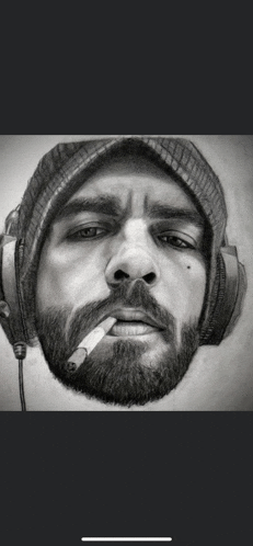 a black and white drawing of a man with a beard smoking a cigarette while wearing headphones .