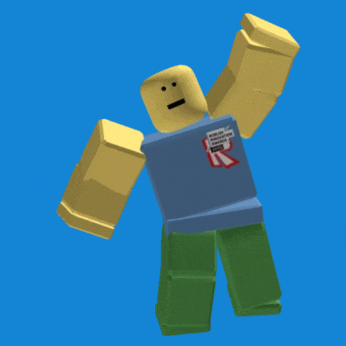a roblox character is wearing a blue shirt with a red r on the sleeve