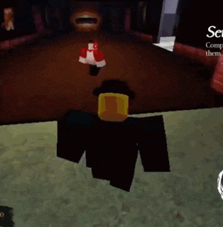 a roblox character is standing on a wooden floor talking to another roblox character .