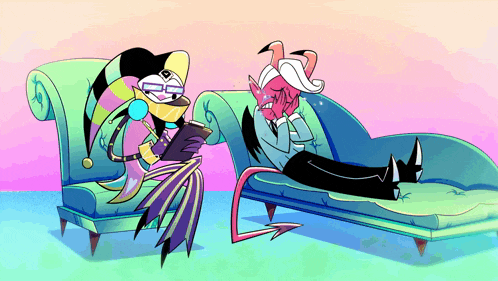 a cartoon of a jester sitting on a couch next to a devil