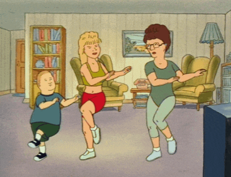 a cartoon of three people dancing in a living room with one of them saying " i am "
