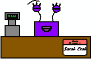 a cartoon of a sarah crab store with a purple box on the counter