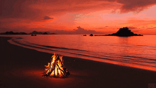 a pixel art of a fire on a beach with the letters drbo on the bottom right