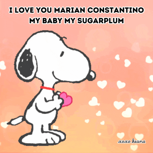 a cartoon of snoopy holding a heart with the words " i love you marian constantino my baby my sugarplum "
