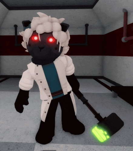 a cartoon sheep with red eyes is holding a glowing hammer