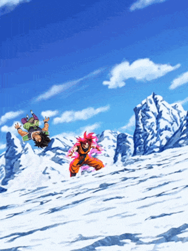 a cartoon of goku and bardock in the snow with mountains in the background