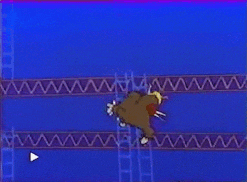 a cartoon of donkey kong standing on a bridge with a blue background