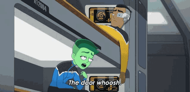 a cartoon character says the door whoosh in front of a man in a yellow shirt