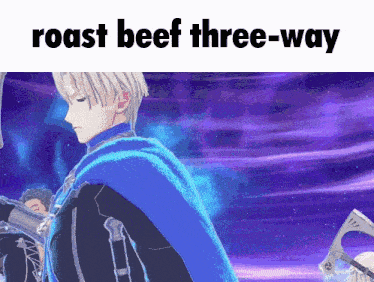 a video game character with the words roast beef three-way