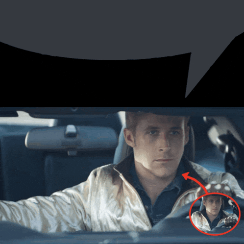 a man in a white jacket is driving a car with a red arrow pointing to him