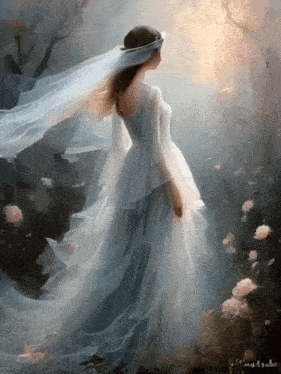 a painting of a woman in a white dress with a veil